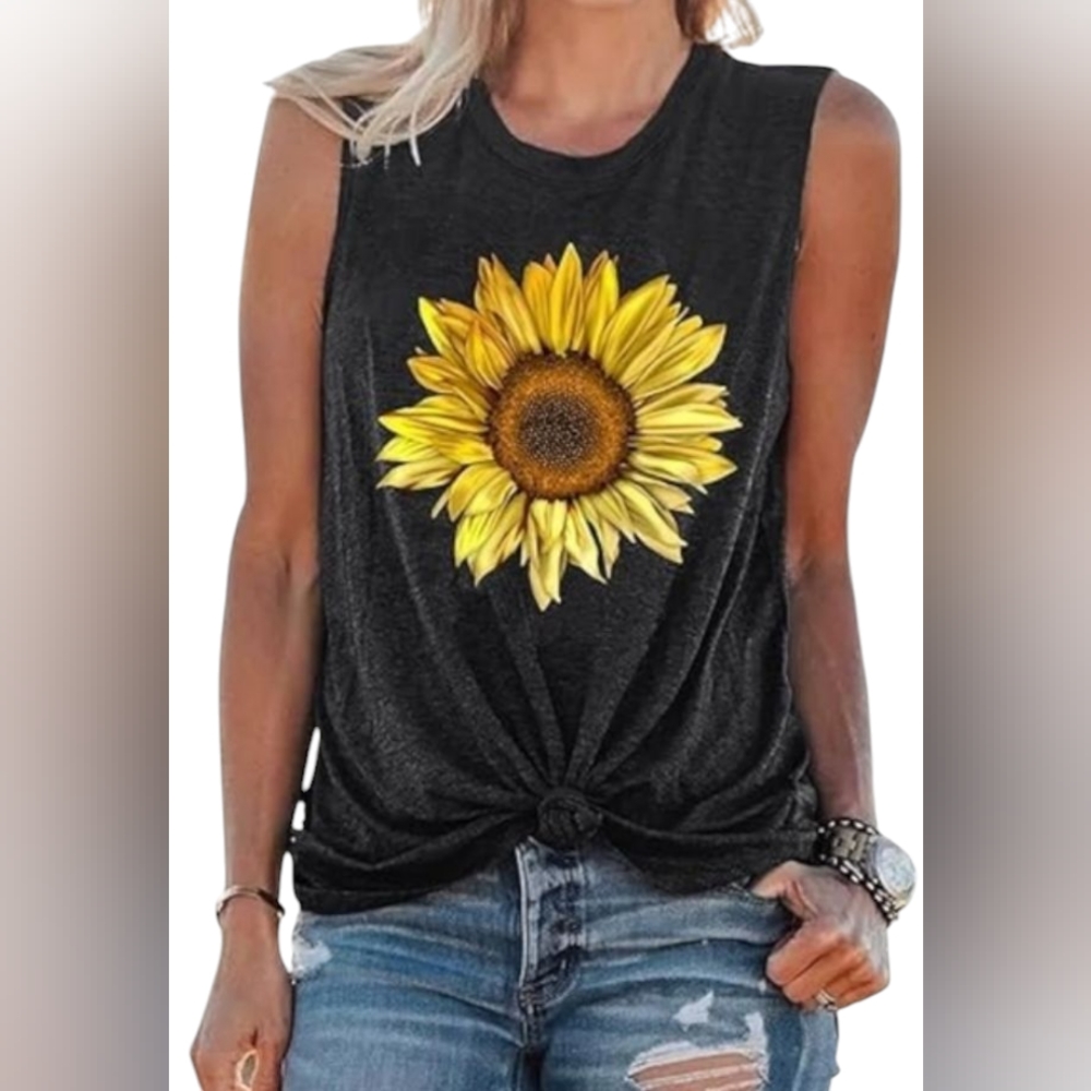 🆕 Women's SIZE XL Heathered Grey Sleeveless Top With Sunflower Screen Print